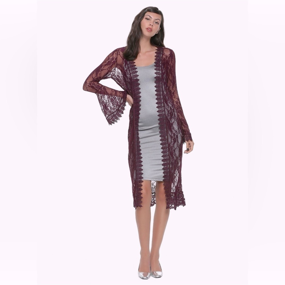 Full Circle Trends Long Plum Lace Kimono Duster Bell Sleeves Size XL NWT